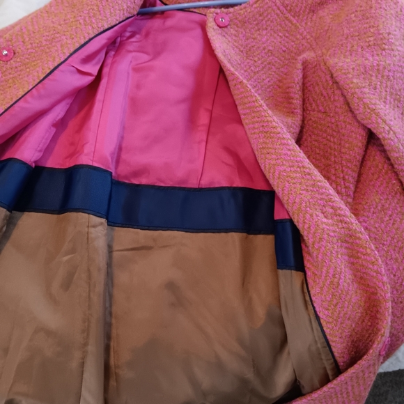 Boden Sienna Pink & Brown Herringbone Collerless Wool Blend Coat Snap Front US 2 - Picture 7 of 9